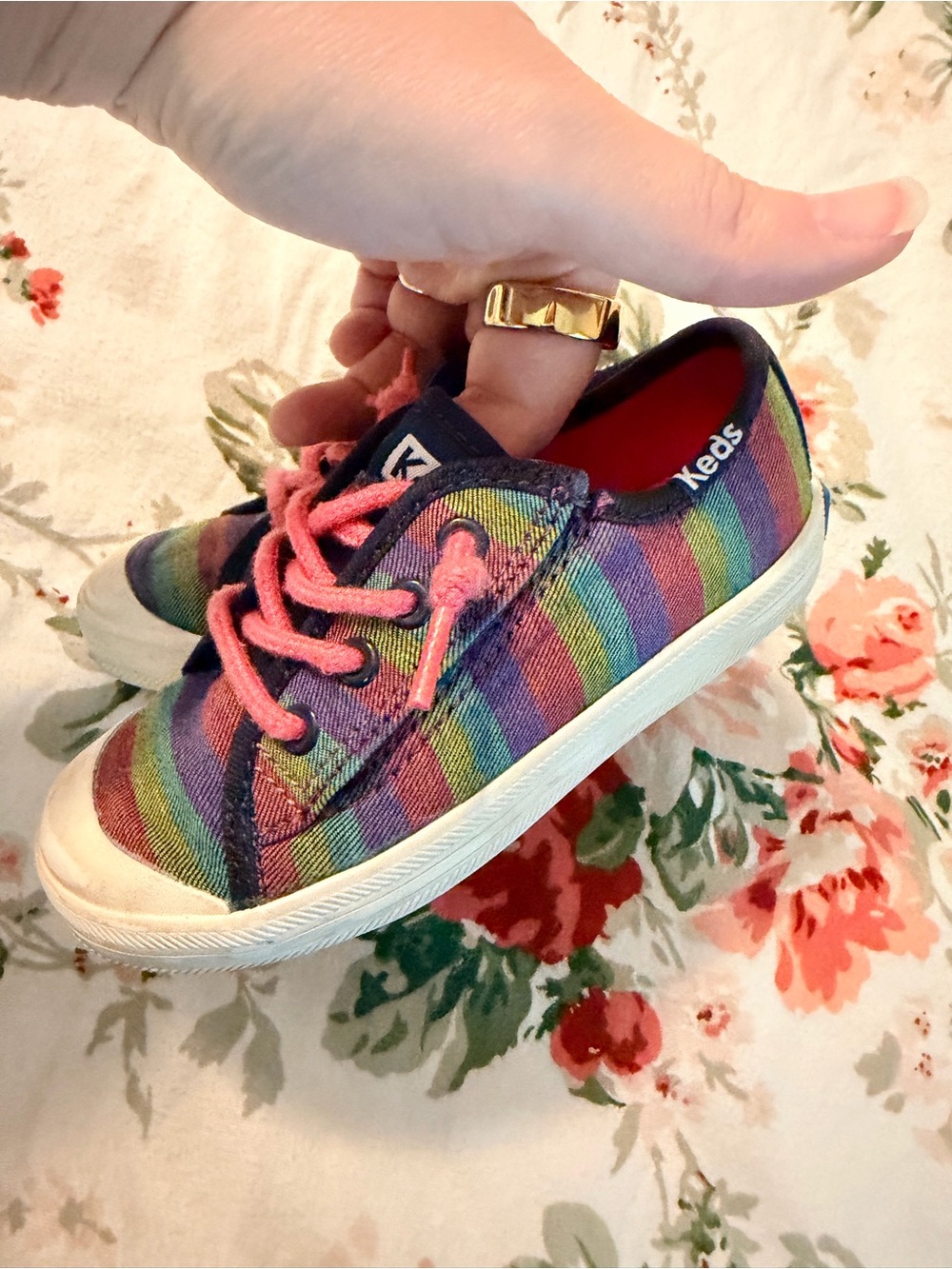 Keds Kids Rainbow Stripe Canvas Sneakers with Pink Laces